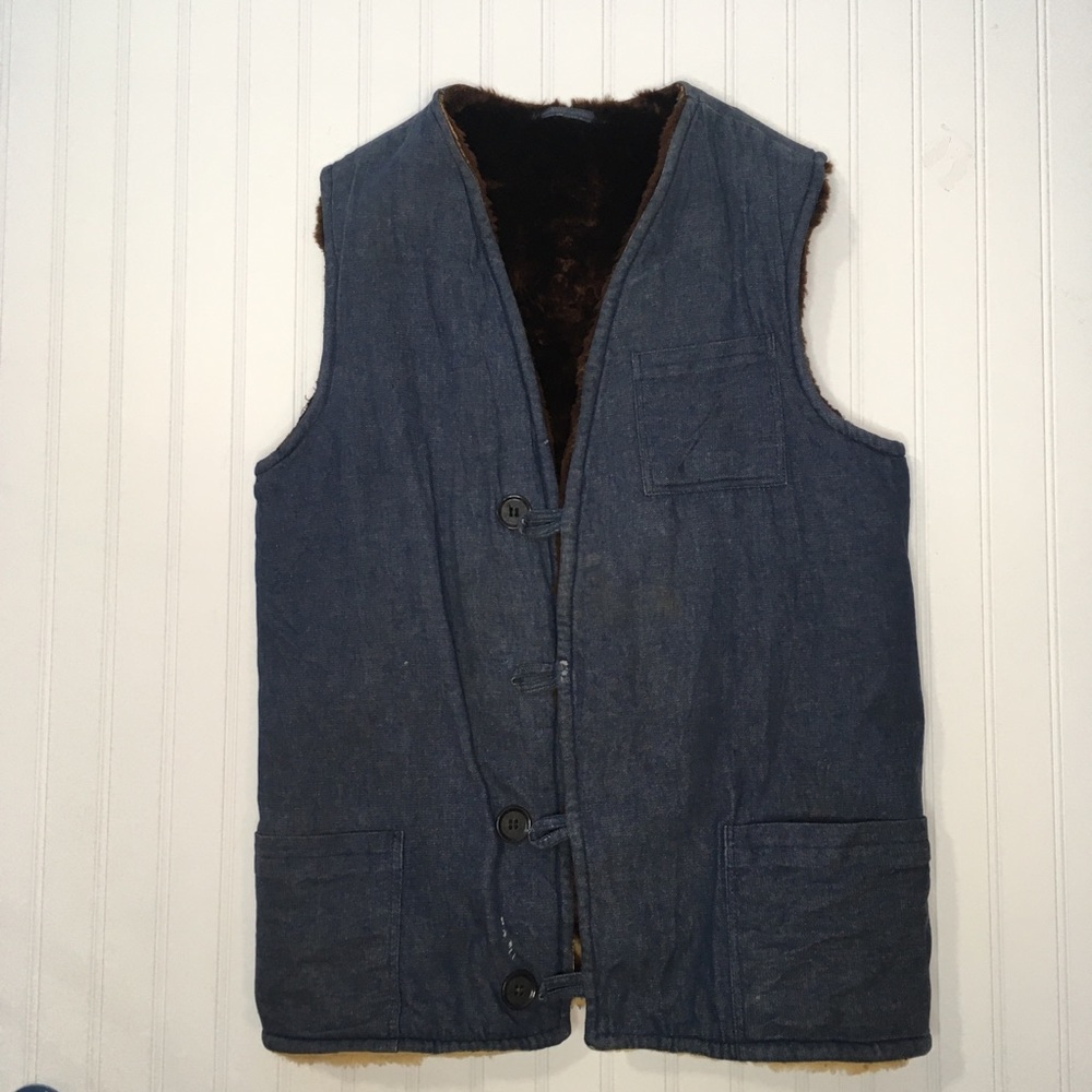 Vintage  Distressed Heavy Denim Vest Sherpa Lined
